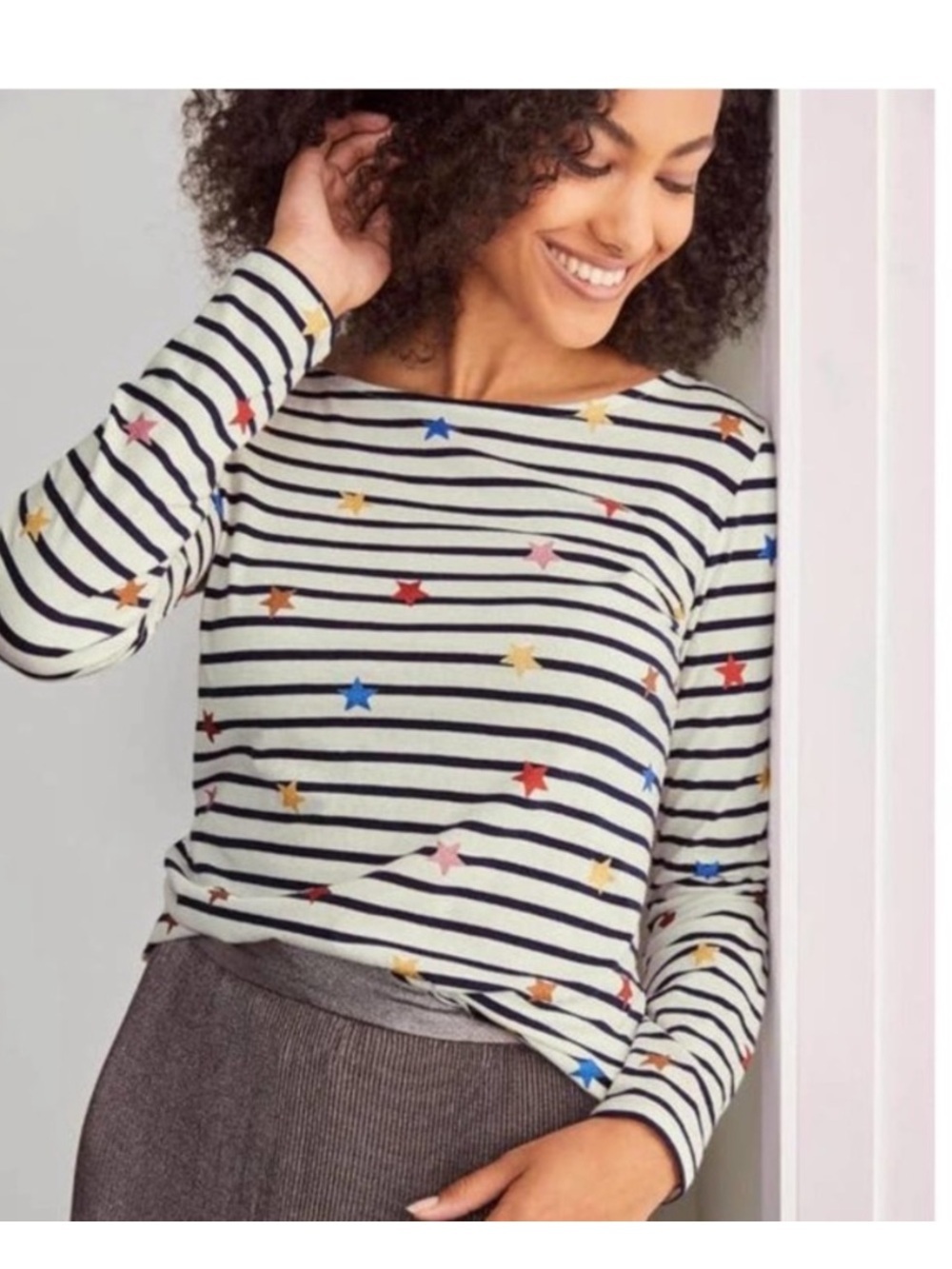 Boden Navy Stripes Star Pattern Long Sleeve Top Size US 6 preppy nautical whimsi